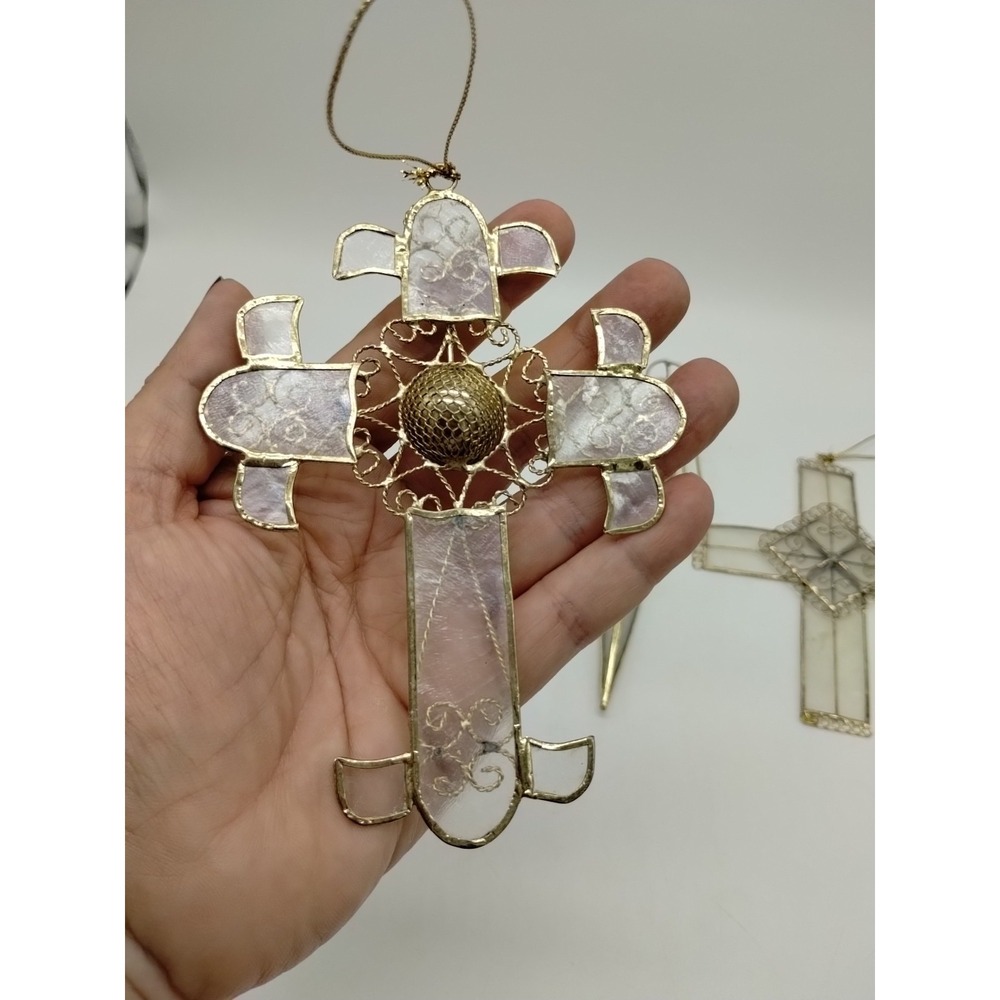 Set Of 3 Stain Glass Look Christmas Ornaments Angel Cross Made From Shell? - Picture 6 of 14